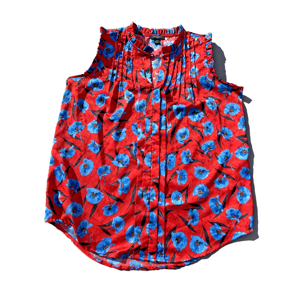 Ann Taylor Petite XXSP Sleeveless Blouse Red Blue Floral Pleated Satin Ruffle